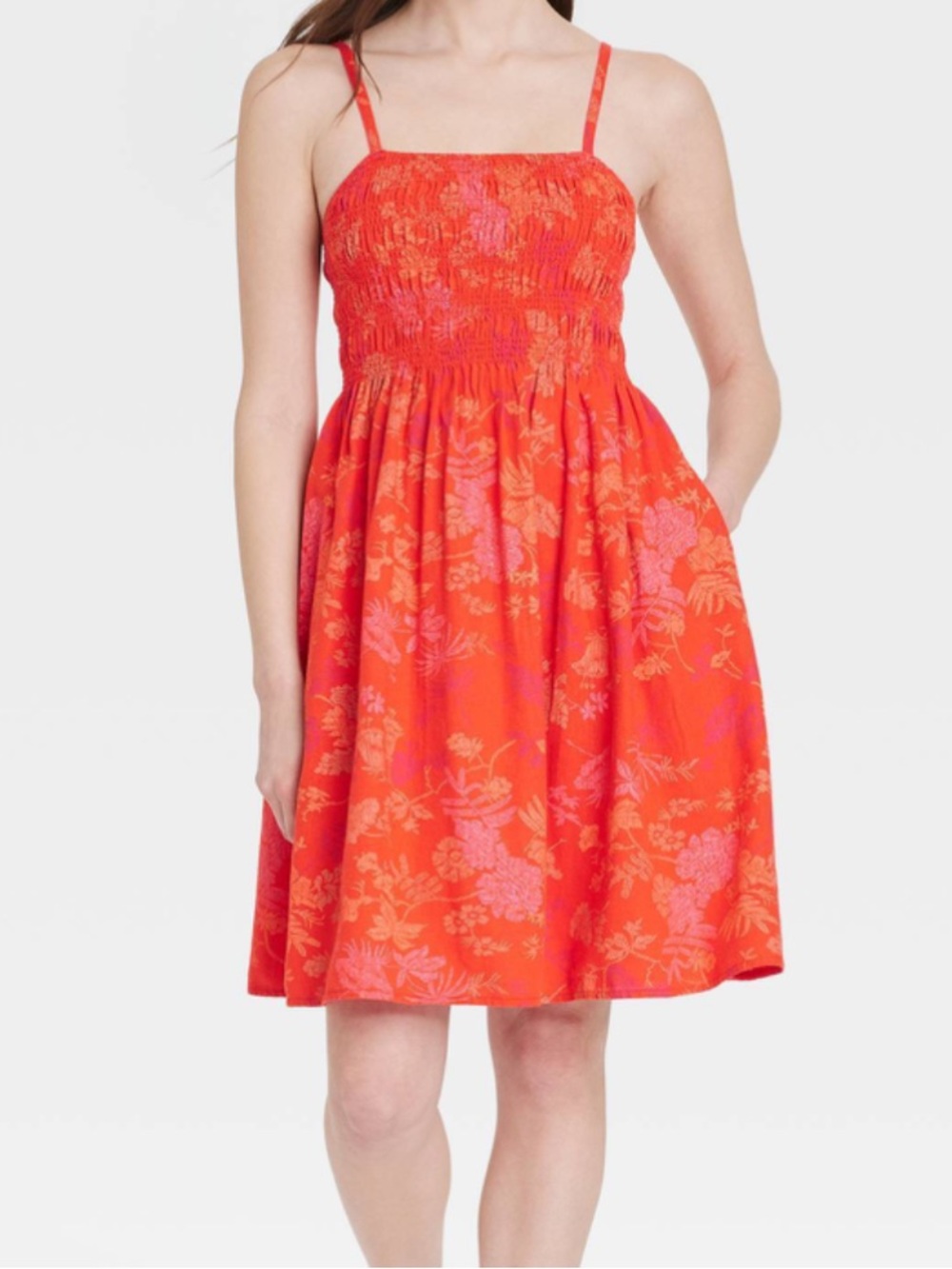 Universal thread orange floral smocked chest above the knee dress. L